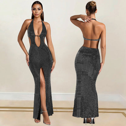 Sleeveless. plunging neck rhinestone split dress