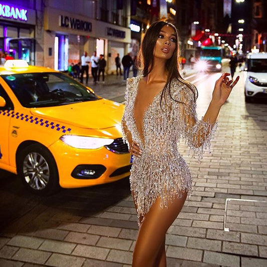 New women's sexy sequin fringe deep V miniskirt