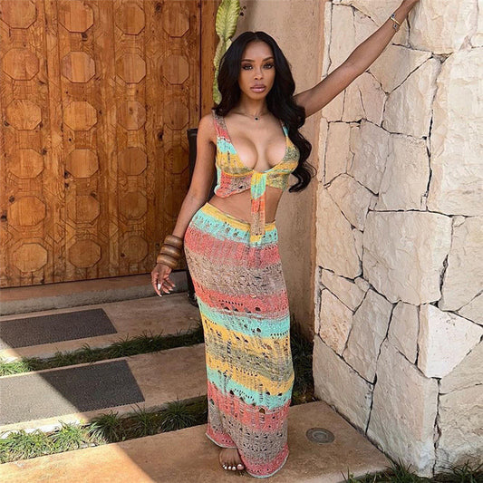 New summer women's knitted hollow sleeveless lace-up top slim-fit color contrast sexy long skirt suit