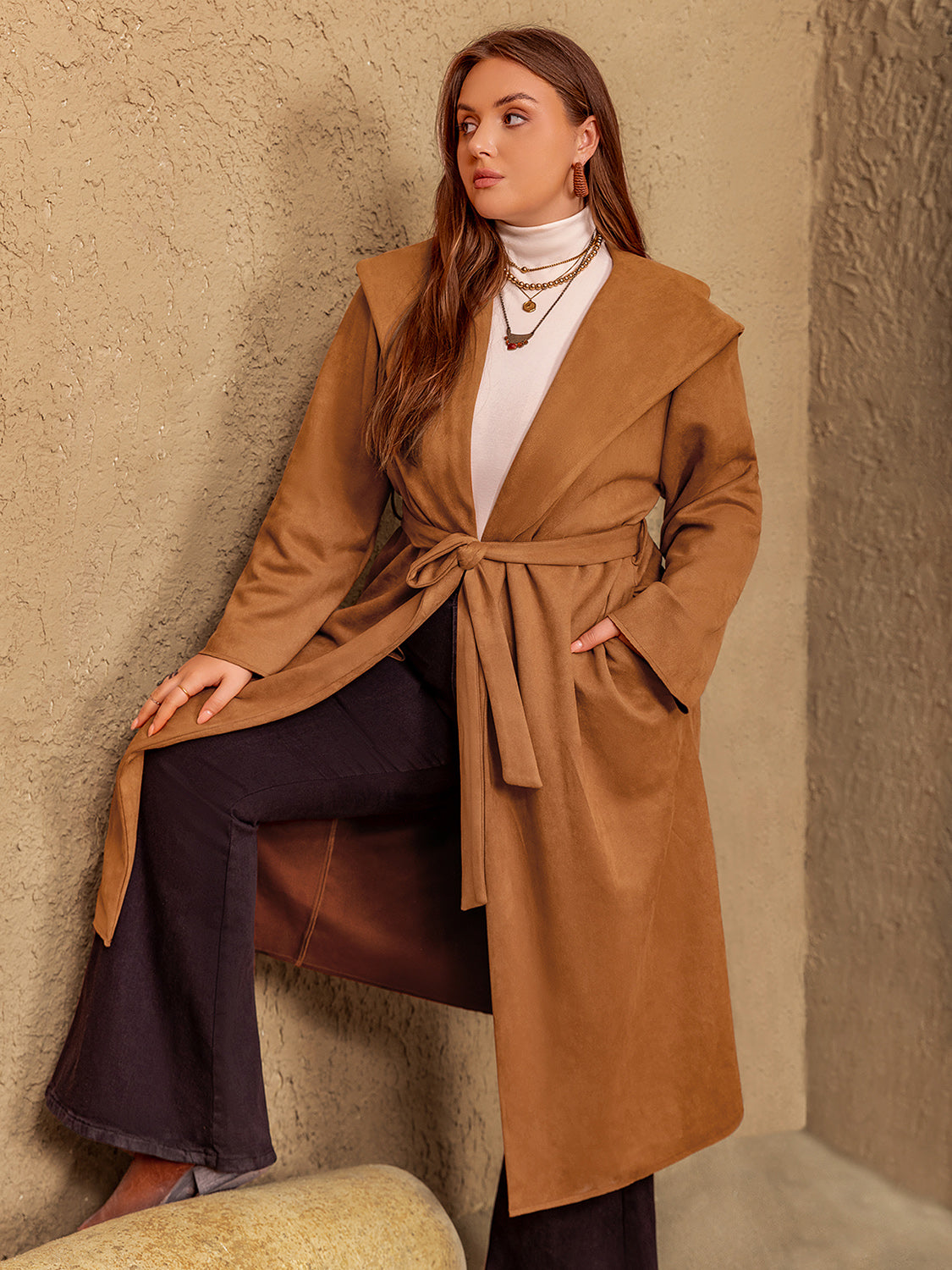 Long Sleeve Hooded Coat with Pockets plus size