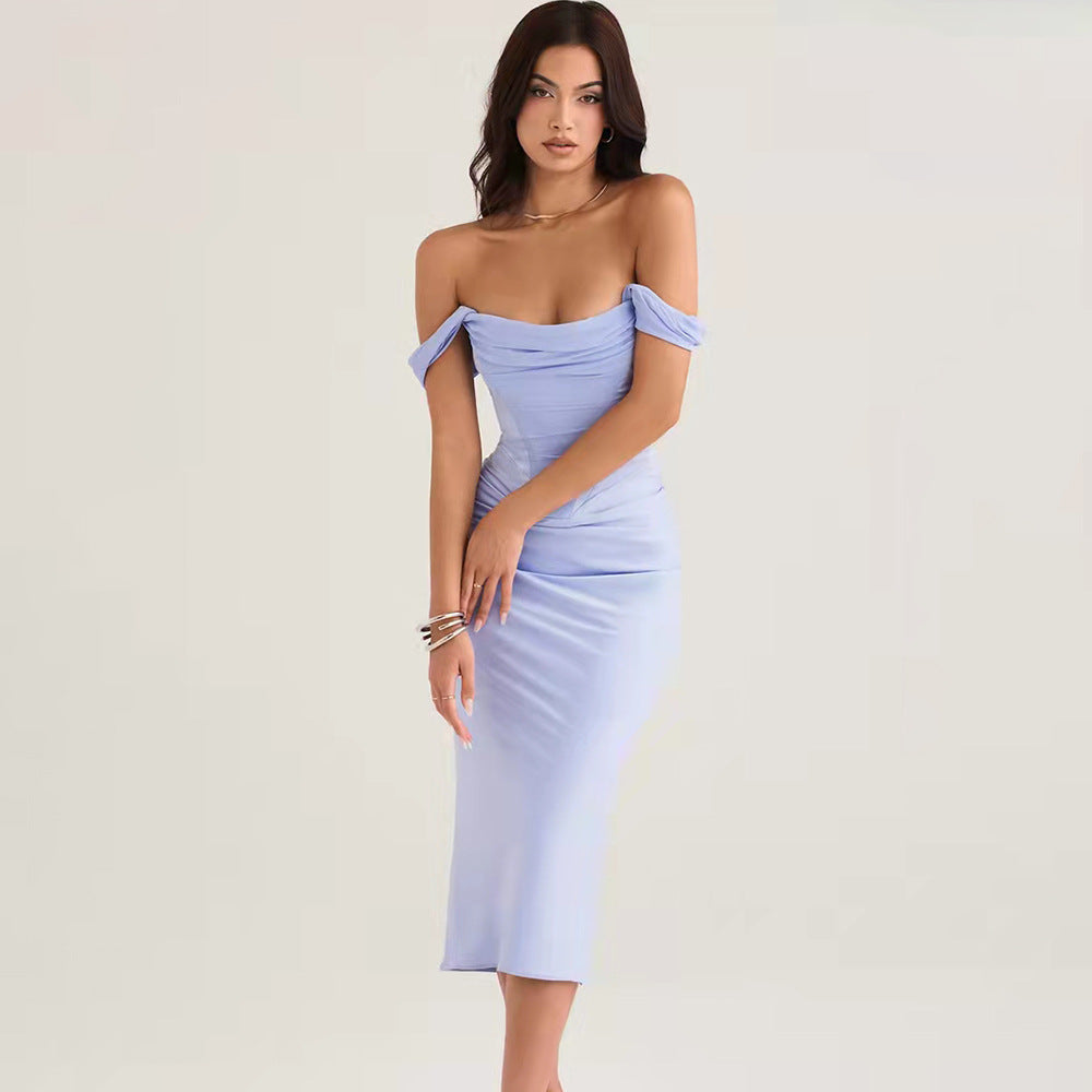 Women's new Sexy dress a line shoulder backless slim evening dress patchwork dress