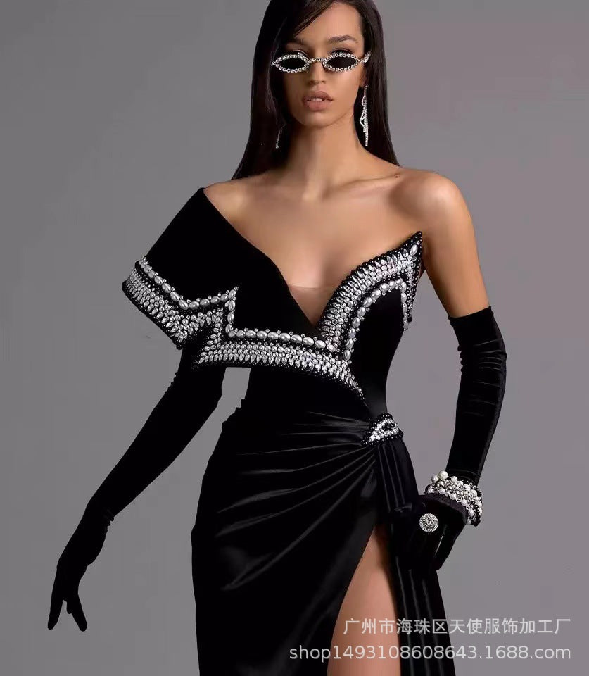 Off shoulder Long sleeve studded bead Sexy fishtail dress with high slit V-neck evening gown