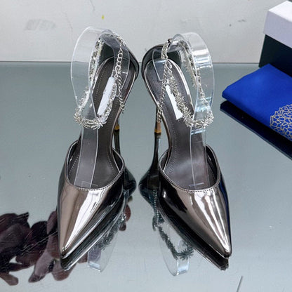 Spring and summer new satin pointy high heels with hollow line with diamond chain fashion women's sandals