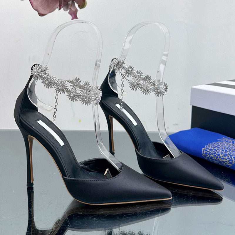 Spring and summer new satin pointy high heels with hollow line with diamond chain fashion women's sandals