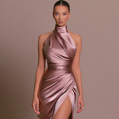 new temperament stand collar long skirt wind halter sleeveless slit slimming dress