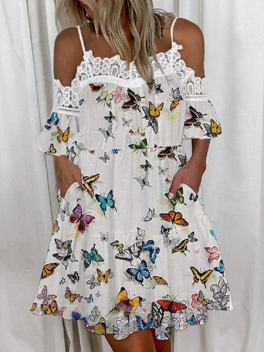 9371# Fashion women's short Print ruffled pocket lace halter dress