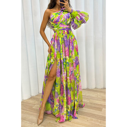 Party new casual split dress loose multi-color oblique shoulder dress