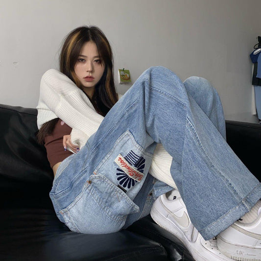 Street vintage pocket wash denim couple loose matching jeans