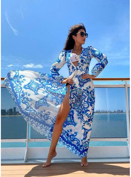 2024 Women Deep V Neck Print Cover-ups Summer Beach Wear Sexy Elegant Female Summer Strap Dress Casual