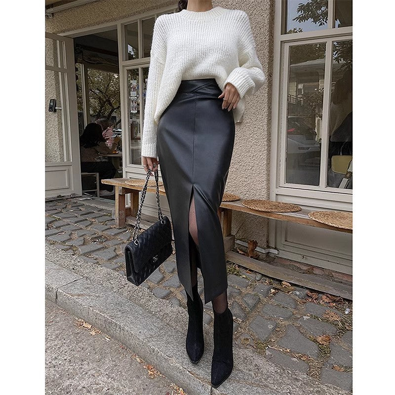 Slit leather skirt autumn and winter new high-waisted royal sister wrapped hip skirt all temperament one step long