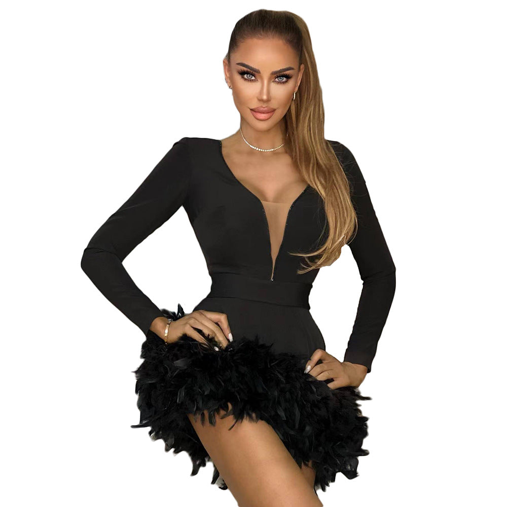 New fashion feather Bandage dress Sexy V-neck mesh long sleeve party dress