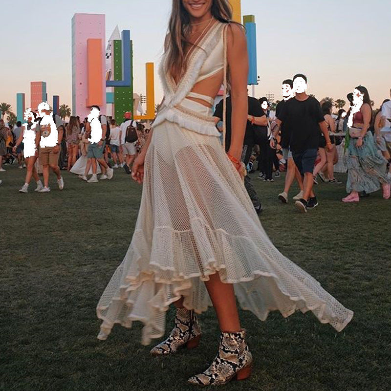 New women's dress Dunhuang deep V backless dress