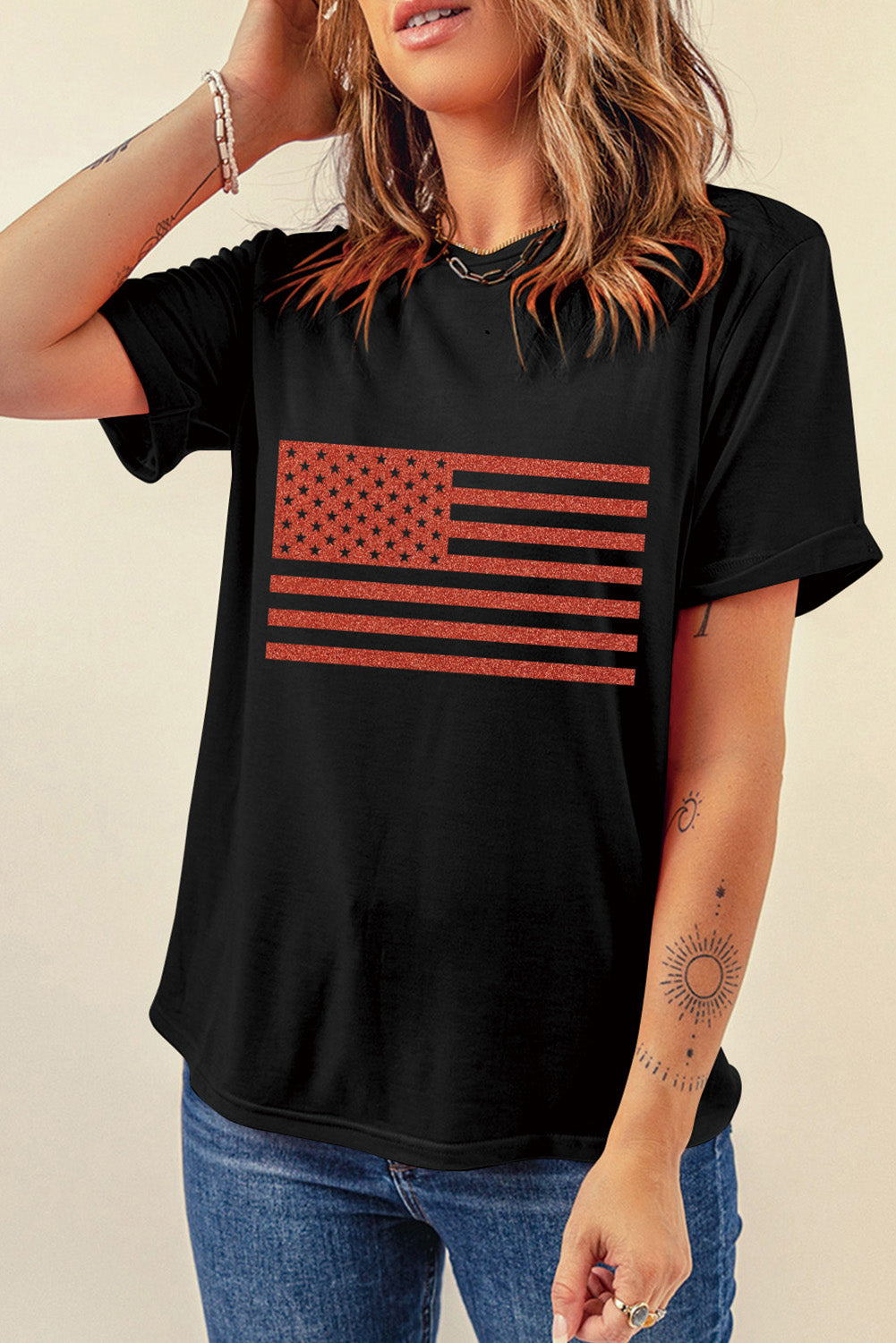 RED USA Flag Round Neck Short Sleeve T-Shirt