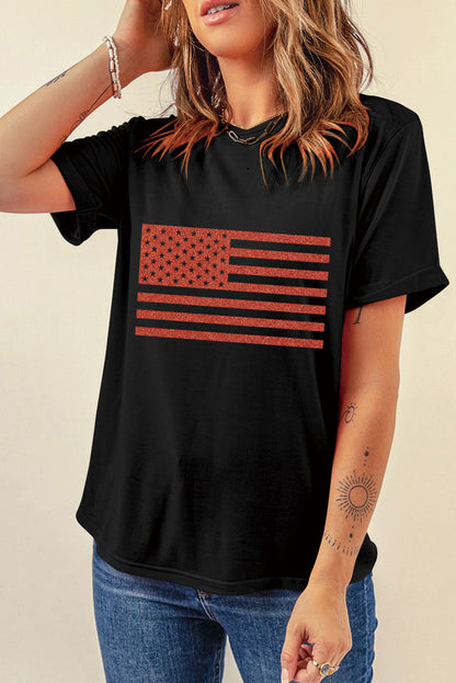 RED USA Flag Round Neck Short Sleeve T-Shirt