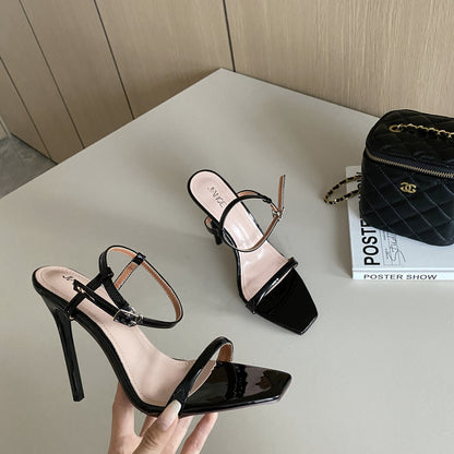 Style new fashion stiletto sandals sweet date one line buckle long square head high heels women's shoes