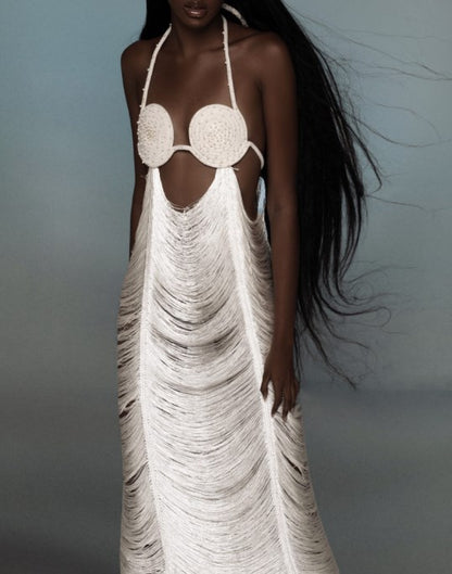 V-neck holloway wrapped hip fringe holiday seaside party dress