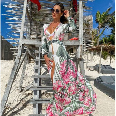 2024 Women Deep V Neck Print Cover-ups Summer Beach Wear Sexy Elegant Female Summer Strap Dress Casual