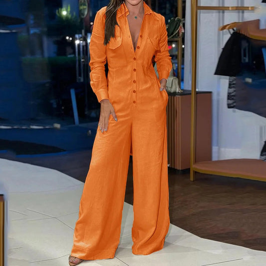 Women's romper  - new fashion lapel casual solid color romper