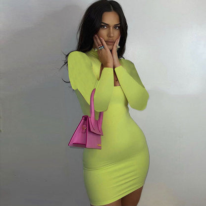 new wrap solid color high waist MIDI hollow women's dress