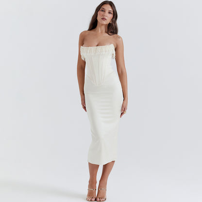 Women's pearl strapless white dress fishbone slim sexy dress elegant slit MIDI skirt