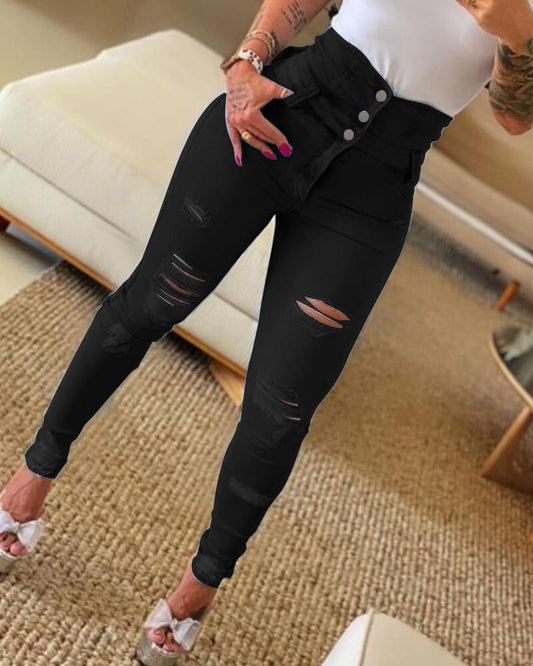Fall new high-waisted skinny denim pants for women with ripped feet