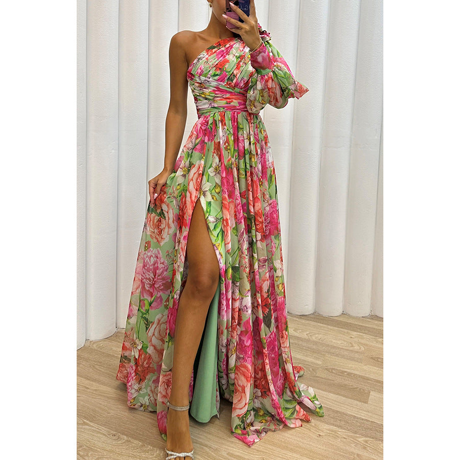 Party new casual split dress loose multi-color oblique shoulder dress
