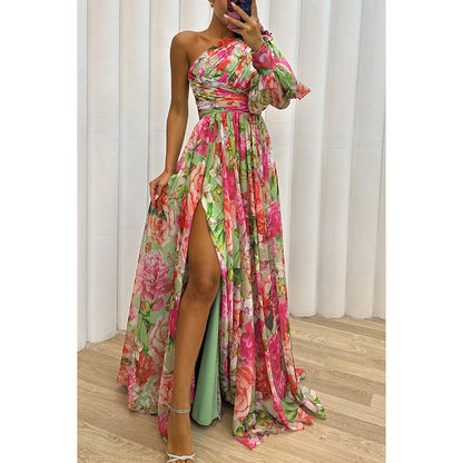 Party new casual split dress loose multi-color oblique shoulder dress