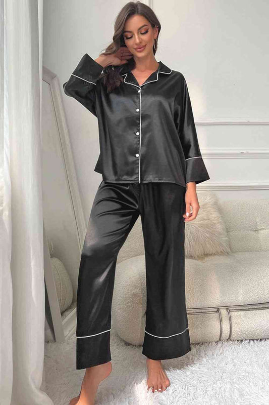 Pipped Button-Up Top and Pants Pajama Set