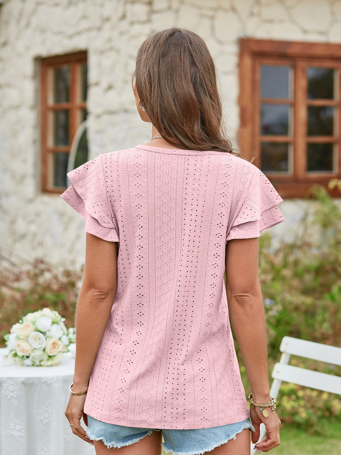 Eyelet V-Neck Short Sleeve Blouse