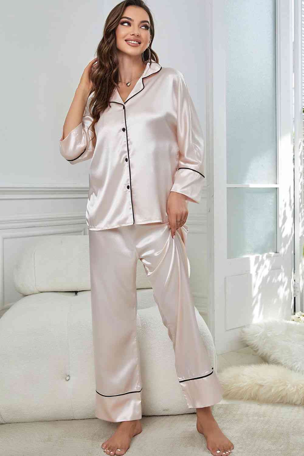 Pipped Button-Up Top and Pants Pajama Set