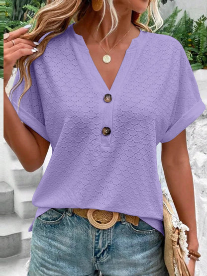 Eyelet Notched Short Sleeve Blouse