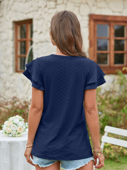 Eyelet V-Neck Short Sleeve Blouse