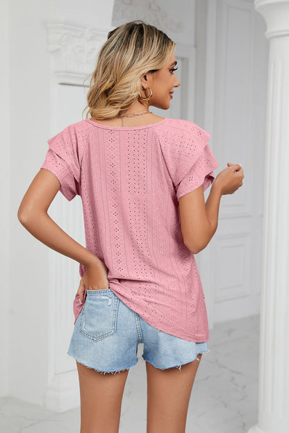 Eyelet Layered Flutter Sleeve V-Neck Knit Top