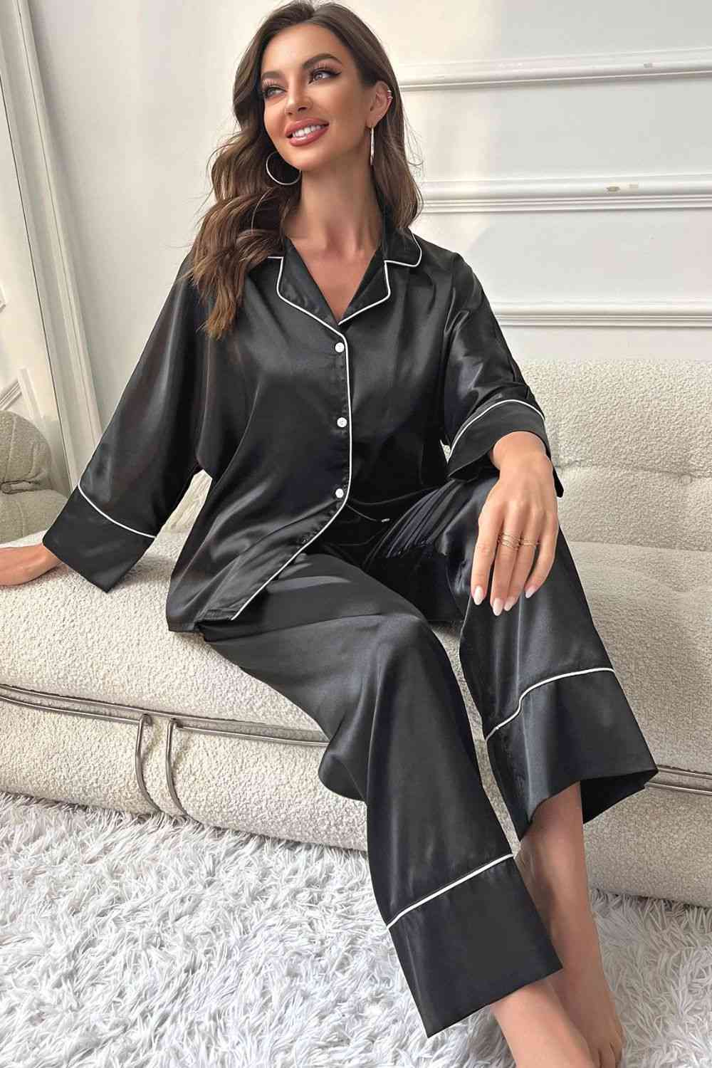 Pipped Button-Up Top and Pants Pajama Set