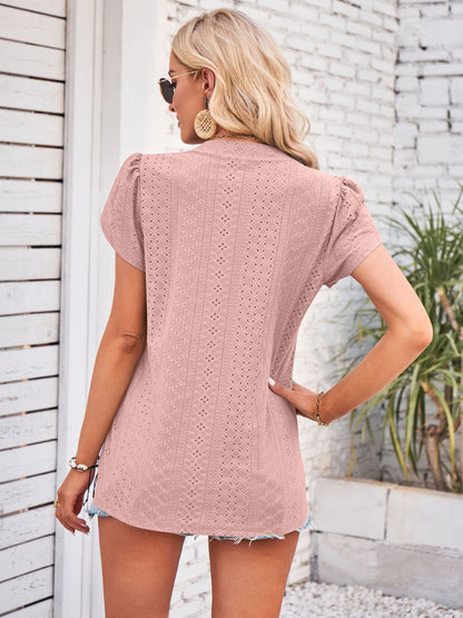 Eyelet V-Neck Petal Sleeve Blouse