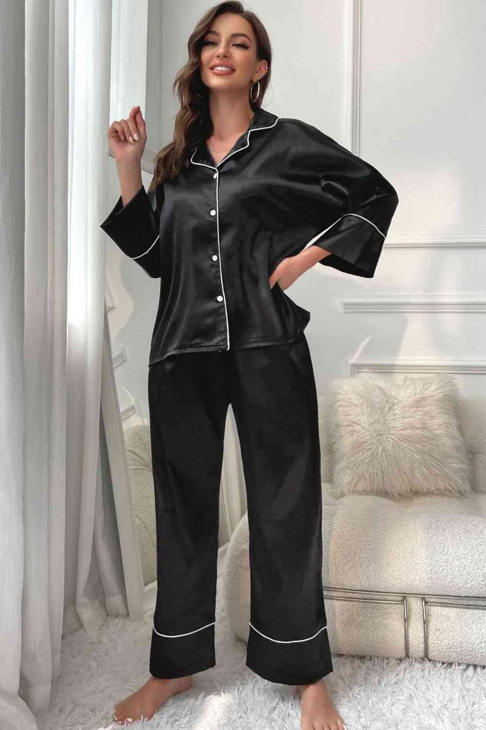 Pipped Button-Up Top and Pants Pajama Set