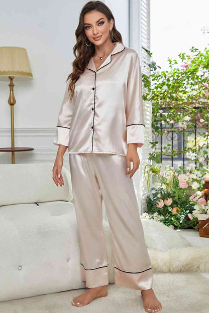 Pipped Button-Up Top and Pants Pajama Set
